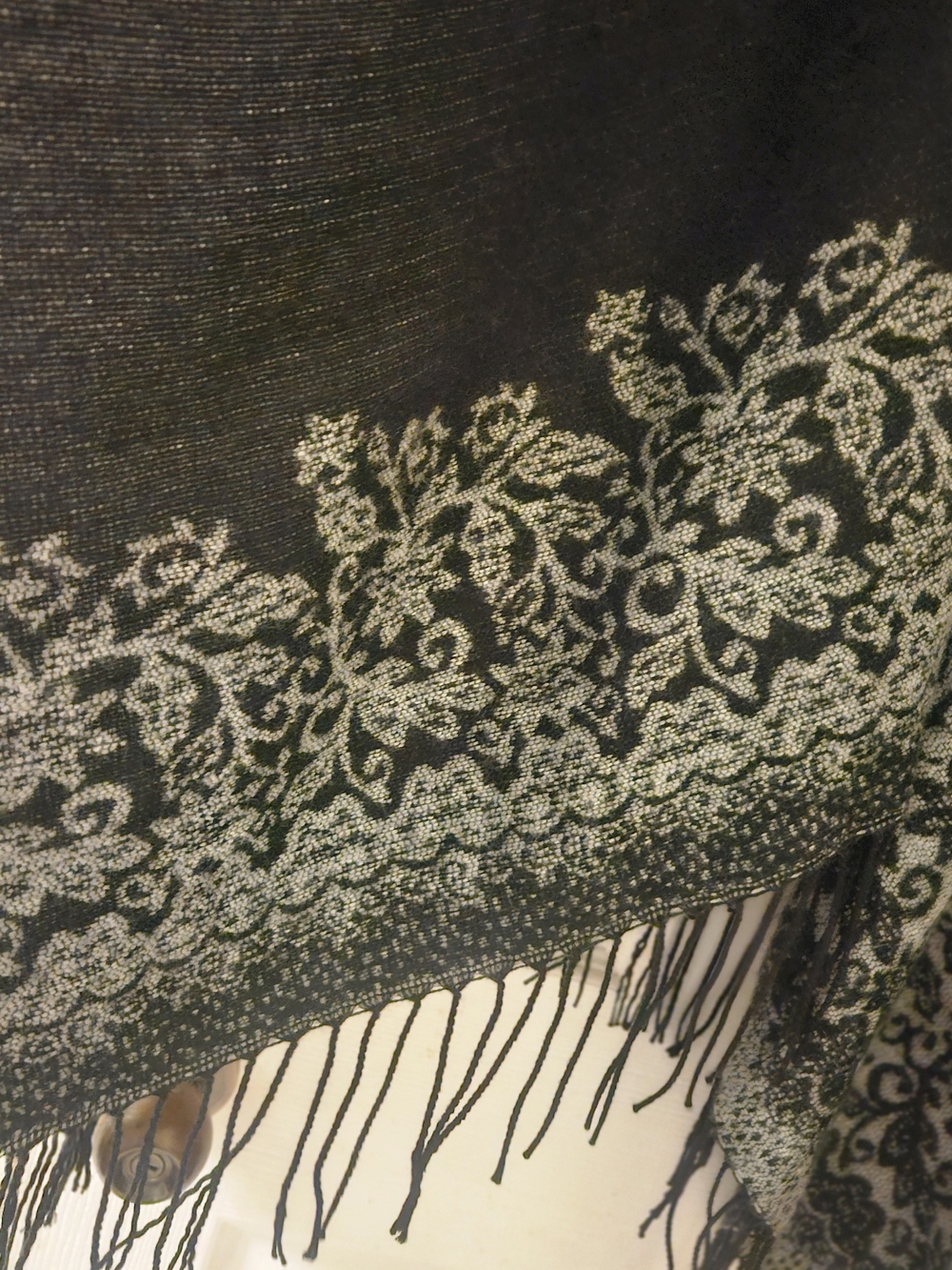 Black Grey Versatile Floral-Trim Open Shawl Poncho Cape with Boho Hippie Fringe - Picture 6 of 11